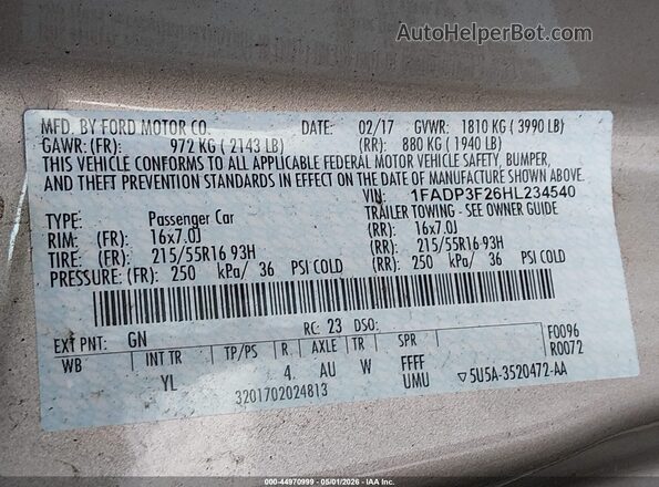 1FADP3F26HL234540 2017 FORD FOCUS Beige Вид підкапотного простору