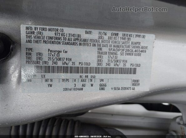 1FADP3F28GL403469 2016 FORD FOCUS Silver ძრავის განყოფილების ხედი