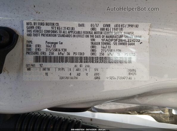 1FADP3F28HL224222 2017 FORD FOCUS Белый Вид подкапотного пространства