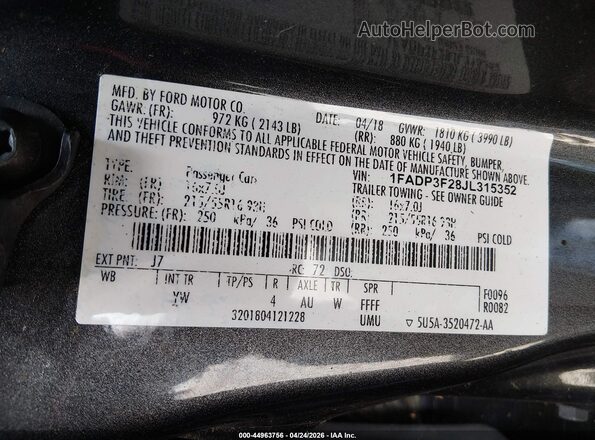 1FADP3F28JL315352 2018 FORD FOCUS Gray Widok komory silnika