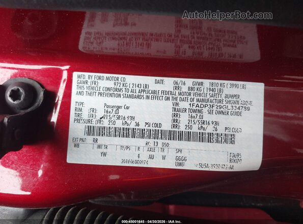 1FADP3F29GL334789 2016 FORD FOCUS Red ძრავის განყოფილების ხედი
