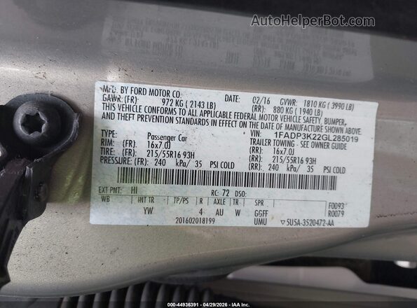 1FADP3K22GL285019 2016 FORD FOCUS Beige ძრავის განყოფილების ხედი