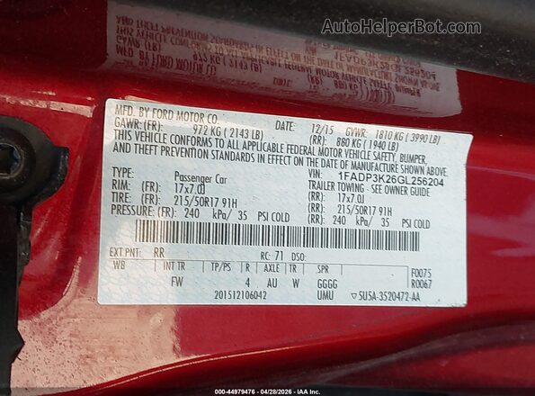 1FADP3K26GL256204 2016 FORD FOCUS Красный Вид подкапотного пространства