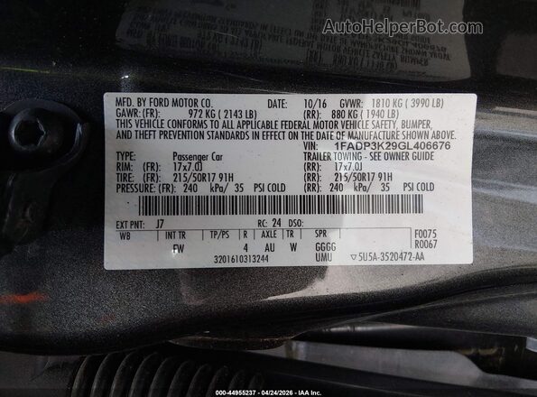 1FADP3K29GL406676 2016 FORD FOCUS Gray Widok komory silnika