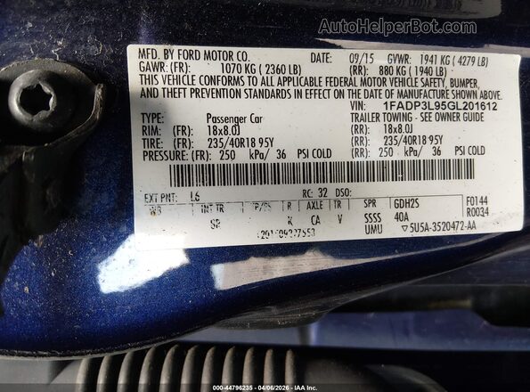 1FADP3L95GL201612 2016 FORD FOCUS ST Синий Вид подкапотного пространства