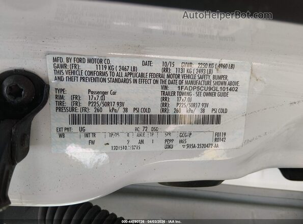 1FADP5CU9GL101402 2016 FORD C-MAX ENERGI White Widok komory silnika