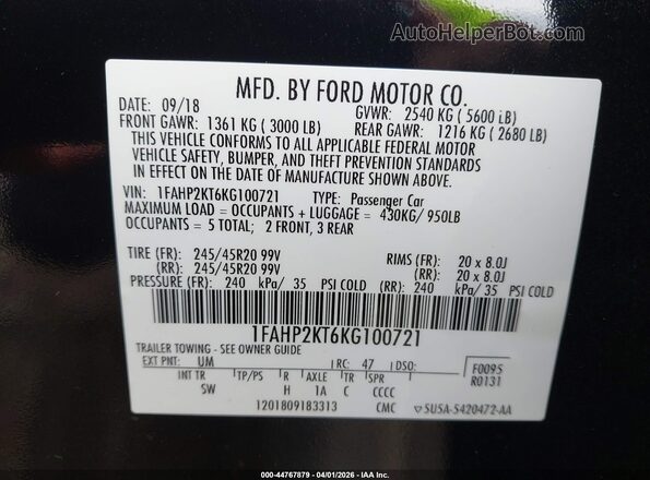 1FAHP2KT6KG100721 2019 FORD TAURUS Черный Вид подкапотного пространства