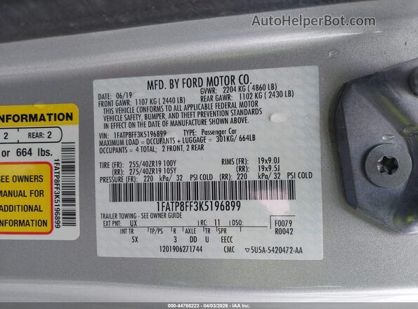 1FATP8FF3K5196899 2019 FORD MUSTANG Серебряный Вид подкапотного пространства