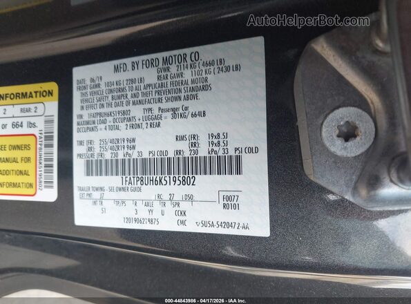 1FATP8UH6K5195802 2019 FORD MUSTANG Серый Вид подкапотного пространства