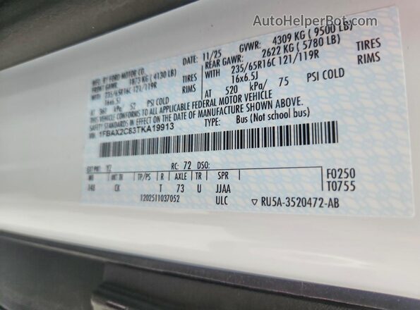 1FBAX2C83TKA19913 2026 FORD TRANSIT White Vista de la etiqueta del VIN