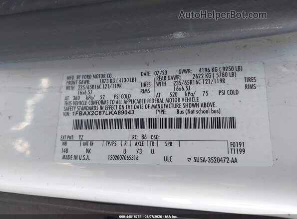 1FBAX2C87LKA89043 2020 FORD PASSENGER White Widok komory silnika
