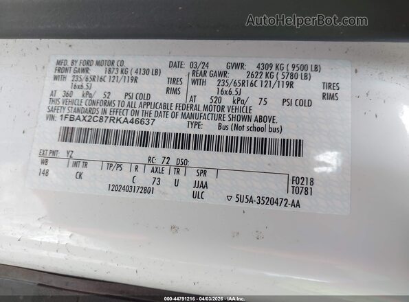 1FBAX2C87RKA46637 2024 FORD PASSENGER White Widok komory silnika