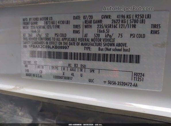 1FBAX2C89LKB08997 2020 FORD PASSENGER Yellow Vista del compartimento del motor