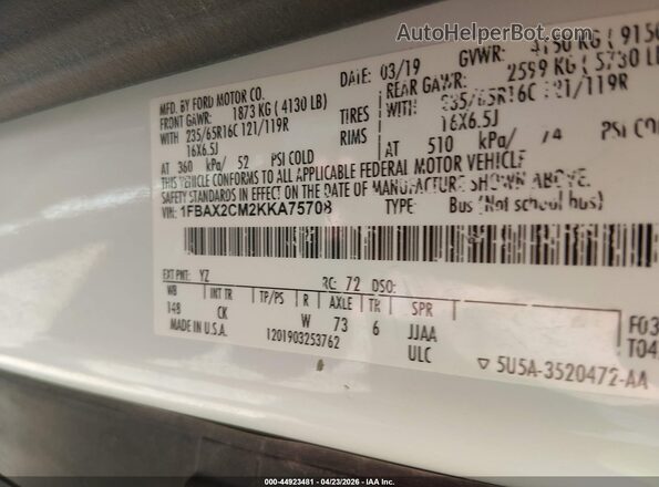 1FBAX2CM2KKA75708 2019 FORD TRANSIT-350 Белый Вид подкапотного пространства