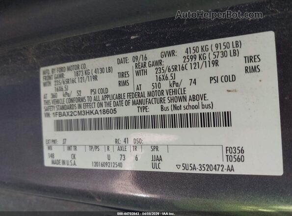 1FBAX2CM3HKA18605 2017 FORD TRANSIT-350 Gray Vista del compartimento del motor