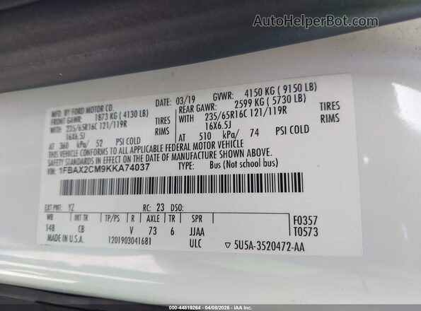 1FBAX2CM9KKA74037 2019 FORD TRANSIT-350 Белый Вид подкапотного пространства