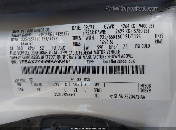 1FBAX2Y85MKA90461 2021 FORD PASSENGER White ძრავის განყოფილების ხედი