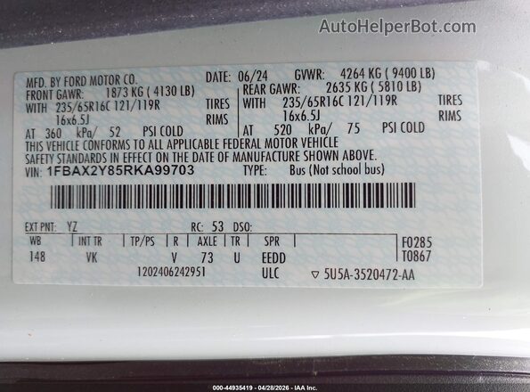 1FBAX2Y85RKA99703 2024 FORD PASSENGER Белый Вид подкапотного пространства