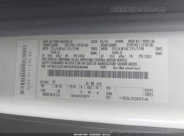 1FBZX2XM0GKB25946 2016 FORD TRANSIT-350 White ძრავის განყოფილების ხედი