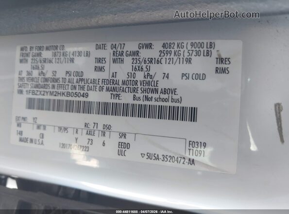 1FBZX2YM2HKB05049 2017 FORD TRANSIT-350 Белый Вид подкапотного пространства