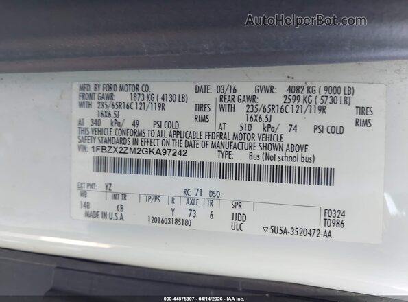 1FBZX2ZM2GKA97242 2016 FORD TRANSIT-350 White Widok komory silnika