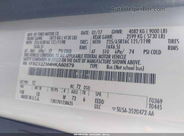 1FBZX2ZM4HKA60579 2017 FORD TRANSIT-350 White Widok komory silnika