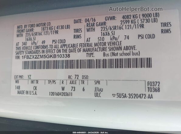 1FBZX2ZM5GKB10338 2016 FORD TRANSIT-350 White Vista del compartimento del motor