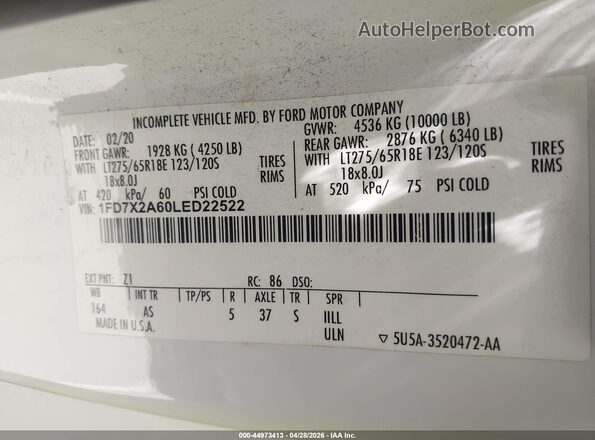 1FD7X2A60LED22522 2020 FORD F-250 White Vista del compartimento del motor