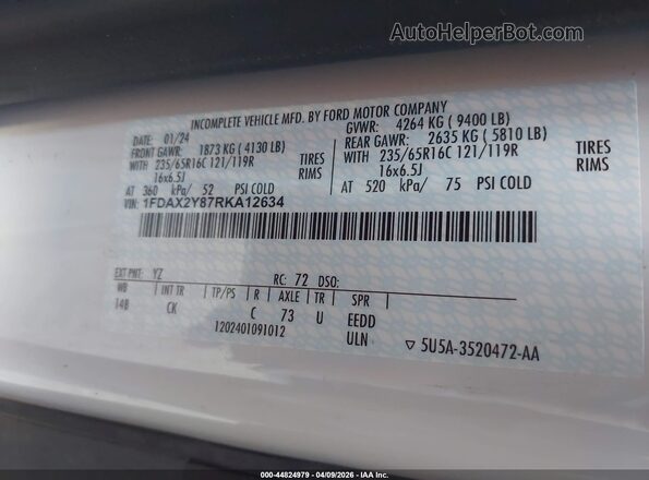 1FDAX2Y87RKA12634 2024 FORD PASSENGER Белый Вид подкапотного пространства