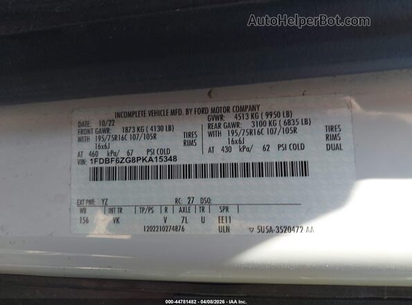 1FDBF6ZG8PKA15348 2023 FORD TRANSIT-350 White VIN კოდის სტიკერის ხედი