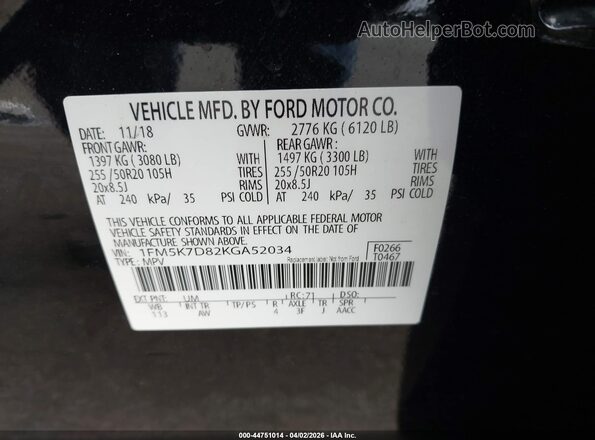 1FM5K7D82KGA52034 2019 FORD FORD EXPLORER Черный Вид подкапотного пространства