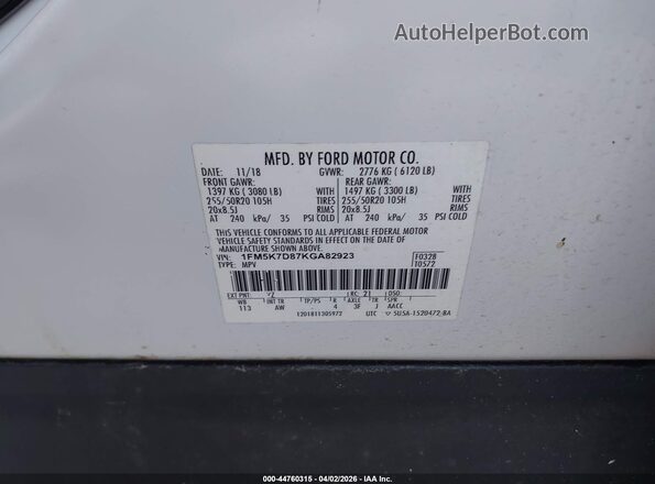 1FM5K7D87KGA82923 2019 FORD FORD EXPLORER White Widok komory silnika
