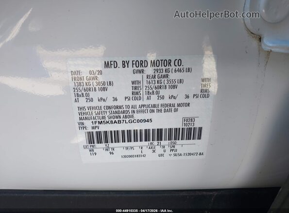 1FM5K8AB7LGC00945 2020 FORD POLICE INTERCEPTOR Белый Вид подкапотного пространства