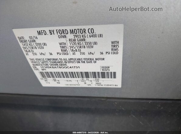 1FM5K8AT8GGC41731 2016 FORD UTILITY POLICE INTERCEPTOR Silver Вид підкапотного простору