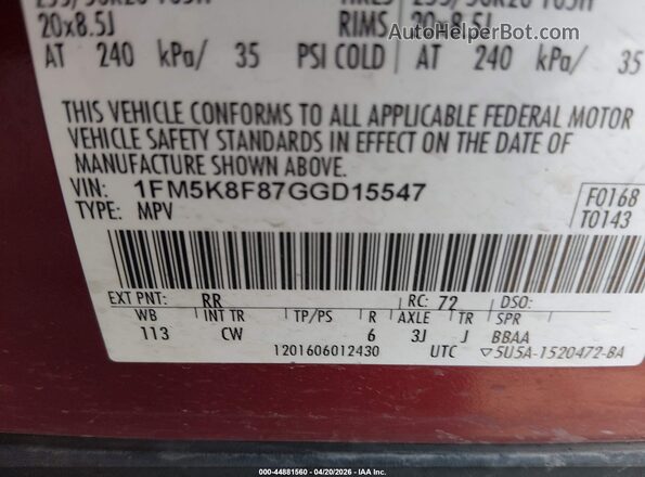 1FM5K8F87GGD15547 2016 FORD FORD EXPLORER Red Widok komory silnika