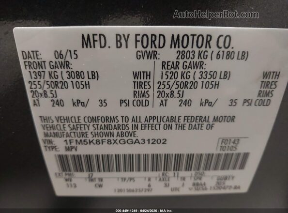 1FM5K8F8XGGA31202 2016 FORD FORD EXPLORER Gray Widok komory silnika