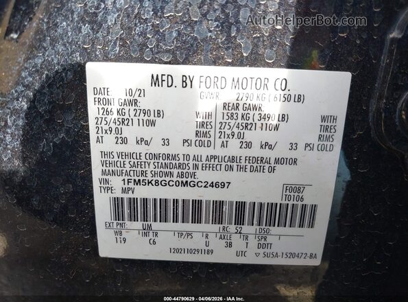 1FM5K8GC0MGC24697 2021 FORD FORD EXPLORER Черный Вид подкапотного пространства
