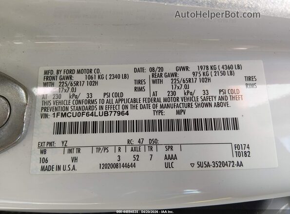 1FMCU0F64LUB77964 2020 FORD ESCAPE White Engine compartment view