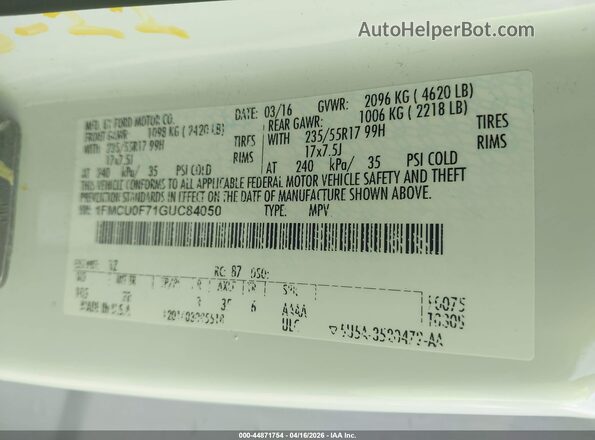 1FMCU0F71GUC84050 2016 FORD ESCAPE Белый Вид подкапотного пространства