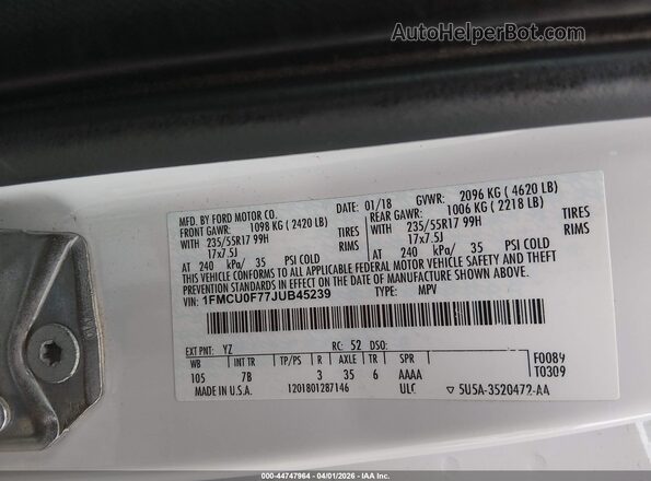 1FMCU0F77JUB45239 2018 FORD ESCAPE Белый Вид подкапотного пространства