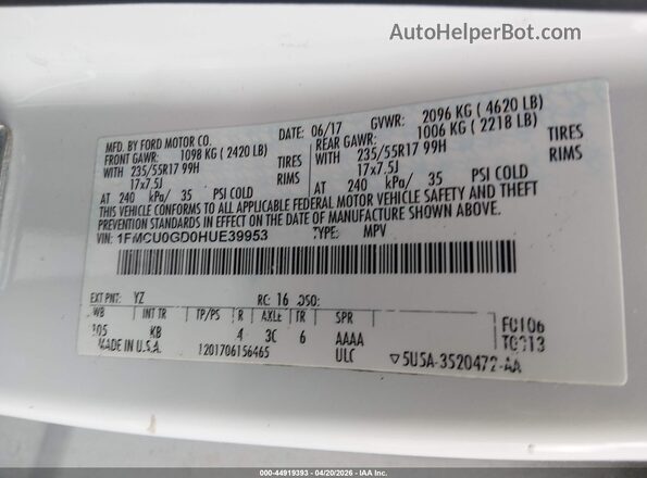 1FMCU0GD0HUE39953 2017 FORD ESCAPE White Widok komory silnika