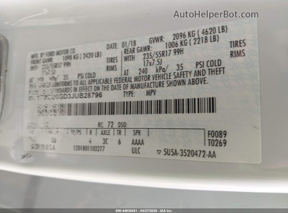 1FMCU0GD3JUB28796 2018 FORD ESCAPE White Engine compartment view