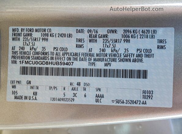 1FMCU0GD8HUB59407 2017 FORD ESCAPE Gold Vista interior de 360 grados