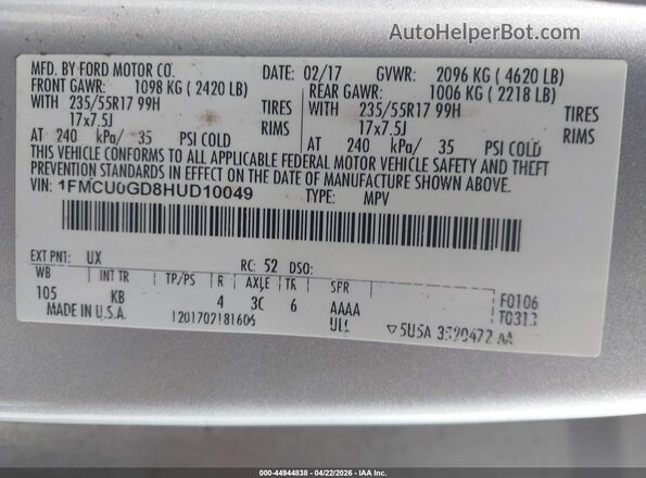 1FMCU0GD8HUD10049 2017 FORD ESCAPE Silver Вид підкапотного простору