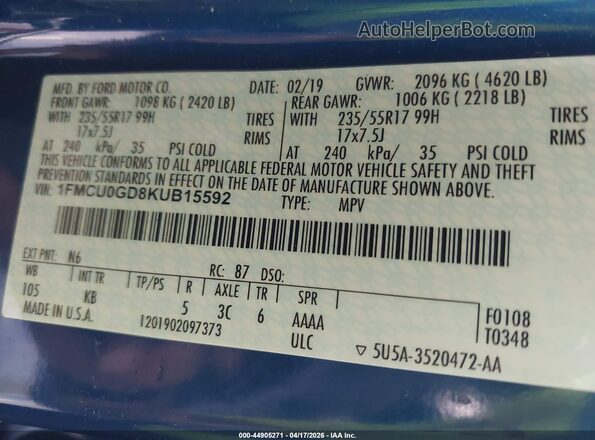 1FMCU0GD8KUB15592 2019 FORD ESCAPE Синий Вид подкапотного пространства