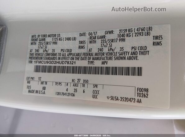 1FMCU9GD2HUD78321 2017 FORD ESCAPE White Շարժիչի բաժամունքի տեսք