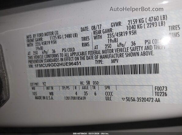 1FMCU9GD2HUE96451 2017 FORD ESCAPE White Vista del compartimento del motor
