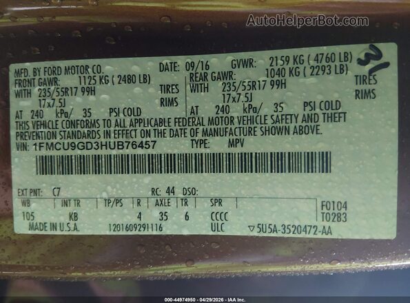 1FMCU9GD3HUB76457 2017 FORD ESCAPE Оранжевый Вид подкапотного пространства