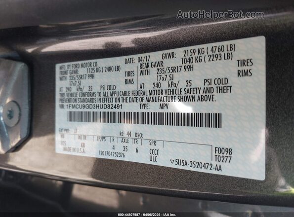 1FMCU9GD3HUD82491 2017 FORD ESCAPE Gray Widok komory silnika