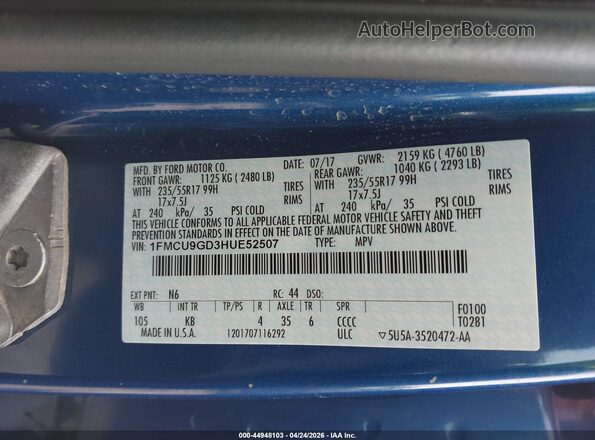 1FMCU9GD3HUE52507 2017 FORD ESCAPE Blue Widok komory silnika